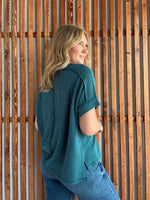 Ribbed Cuff Sleeve Raw Edge Top - Teal