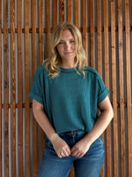 Ribbed Cuff Sleeve Raw Edge Top - Teal