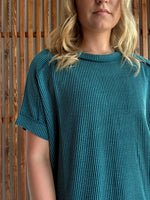 Ribbed Cuff Sleeve Raw Edge Top - Teal