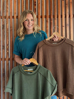 Ribbed Cuff Sleeve Raw Edge Top - Deep Camel