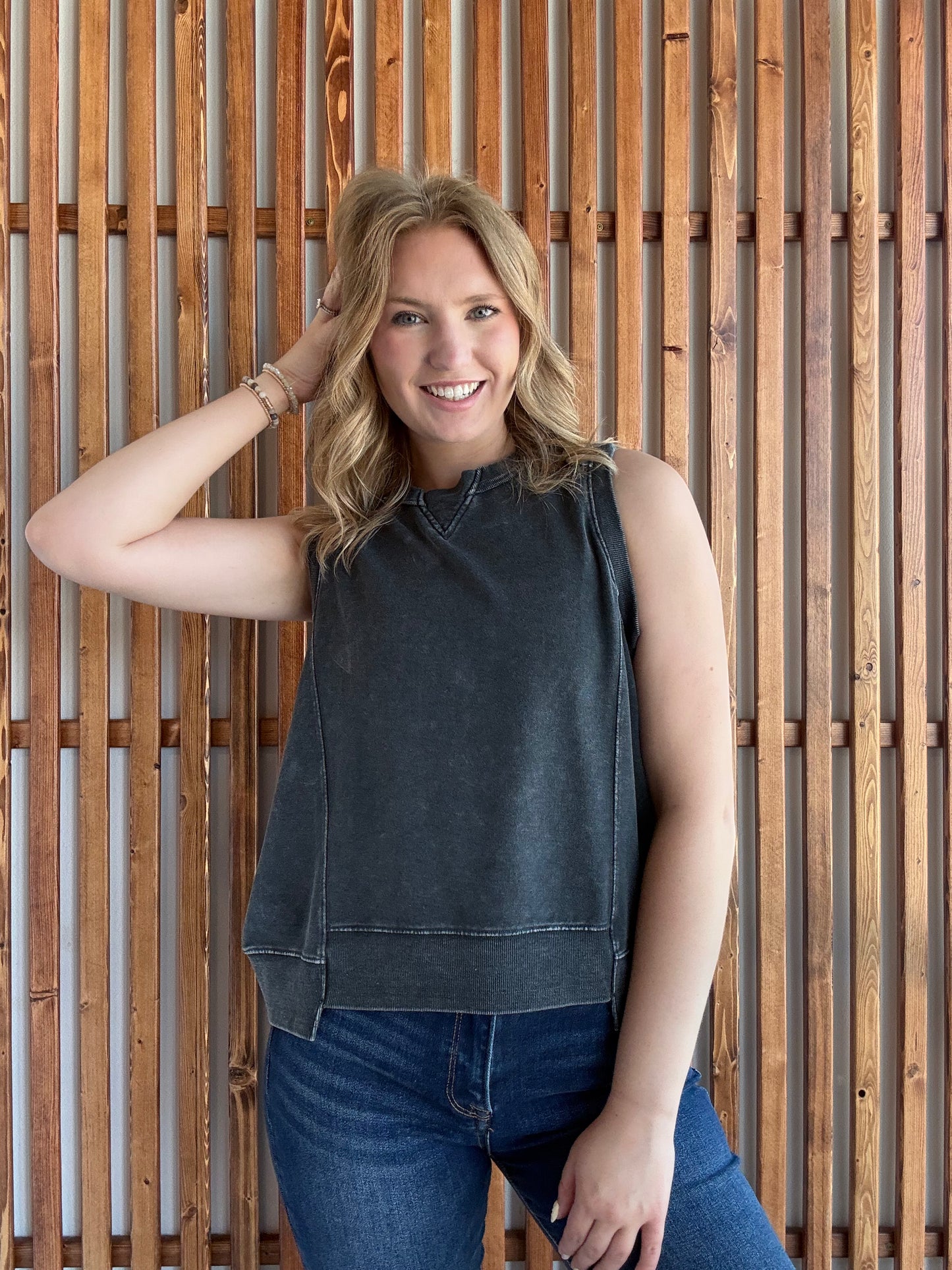 French Terry Sleeveless Top- Charcoal/Black
