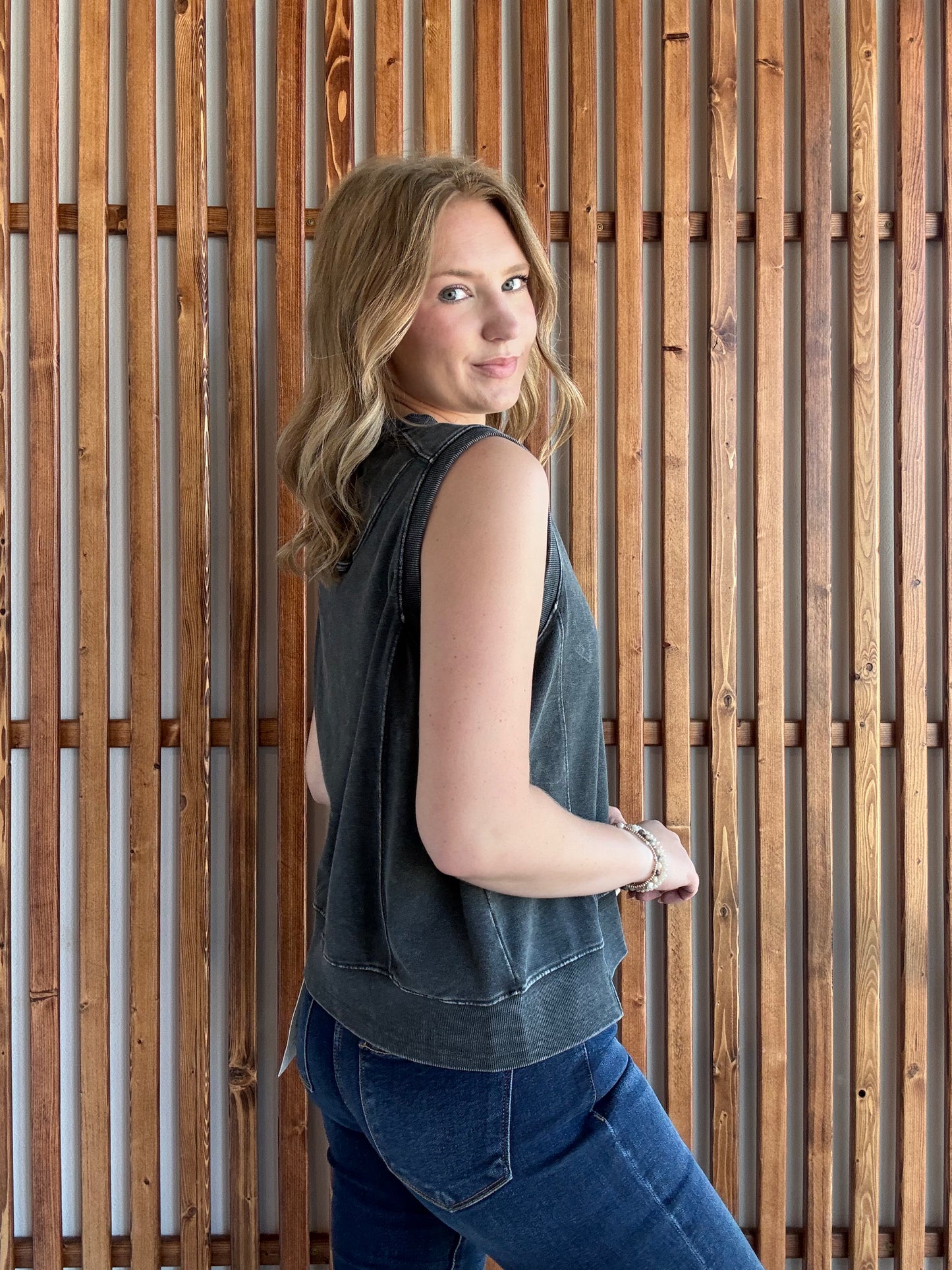 French Terry Sleeveless Top- Charcoal/Black
