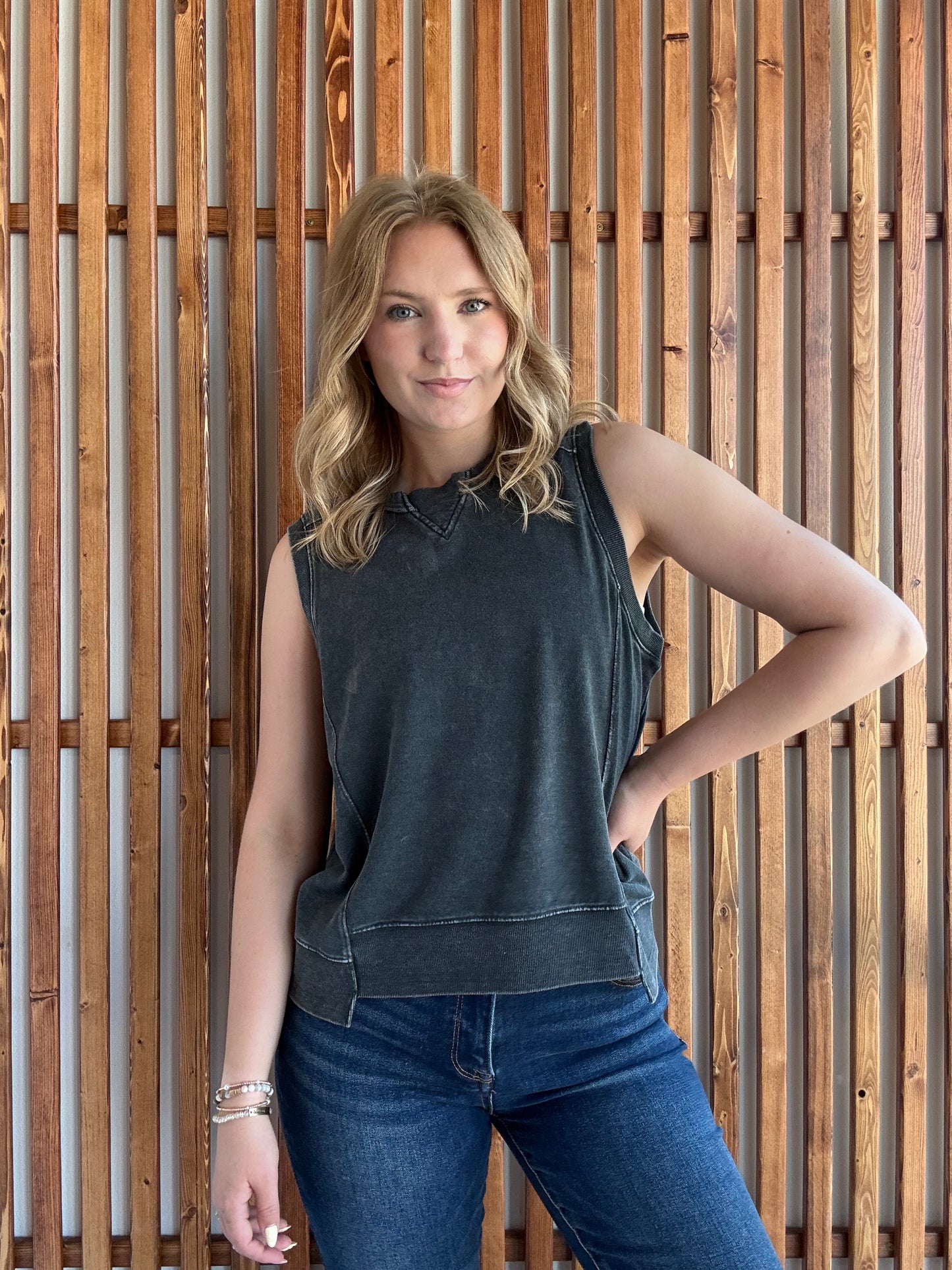 French Terry Sleeveless Top- Charcoal/Black