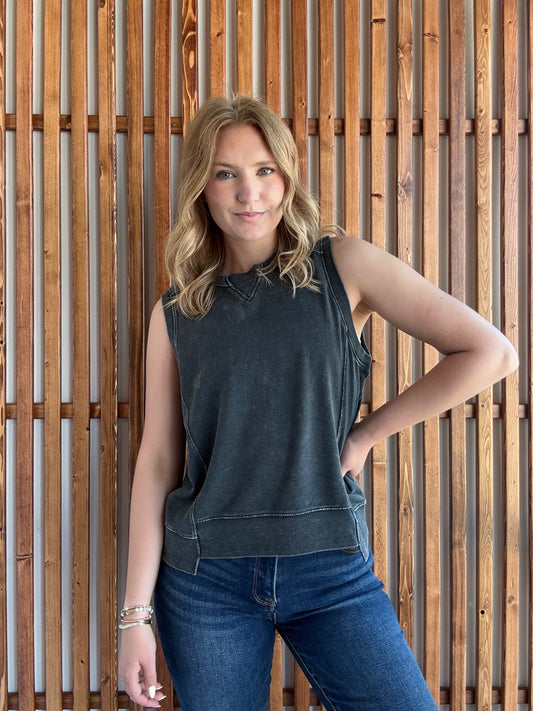 French Terry Sleeveless Top- Charcoal/Black