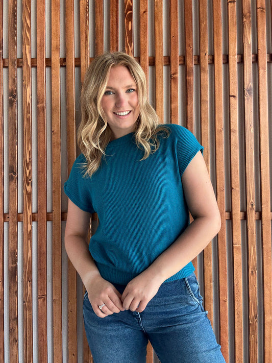 Banded Bottom Short Sleeve Sweater - Ocean Teal