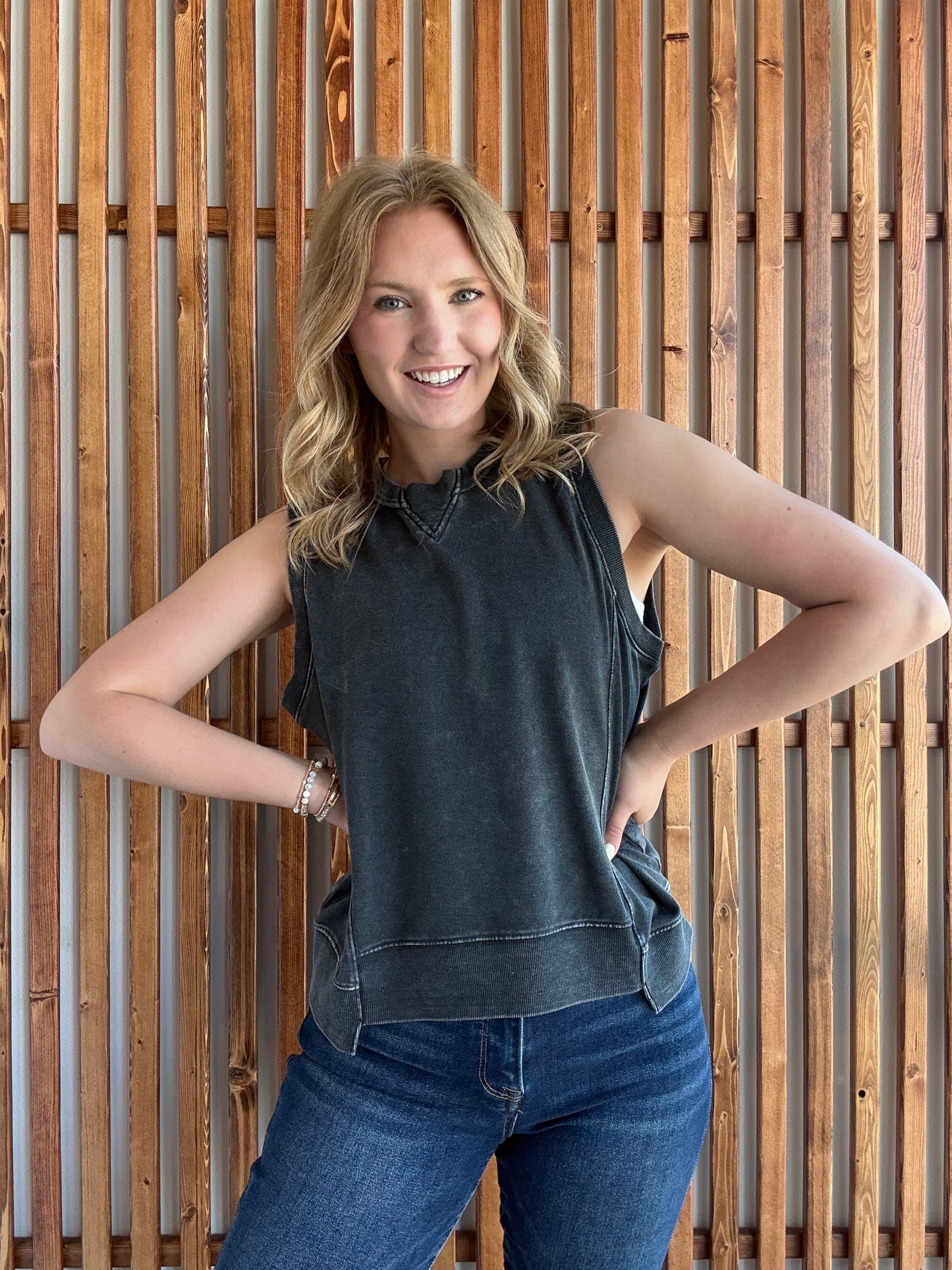 French Terry Sleeveless Top- Charcoal/Black