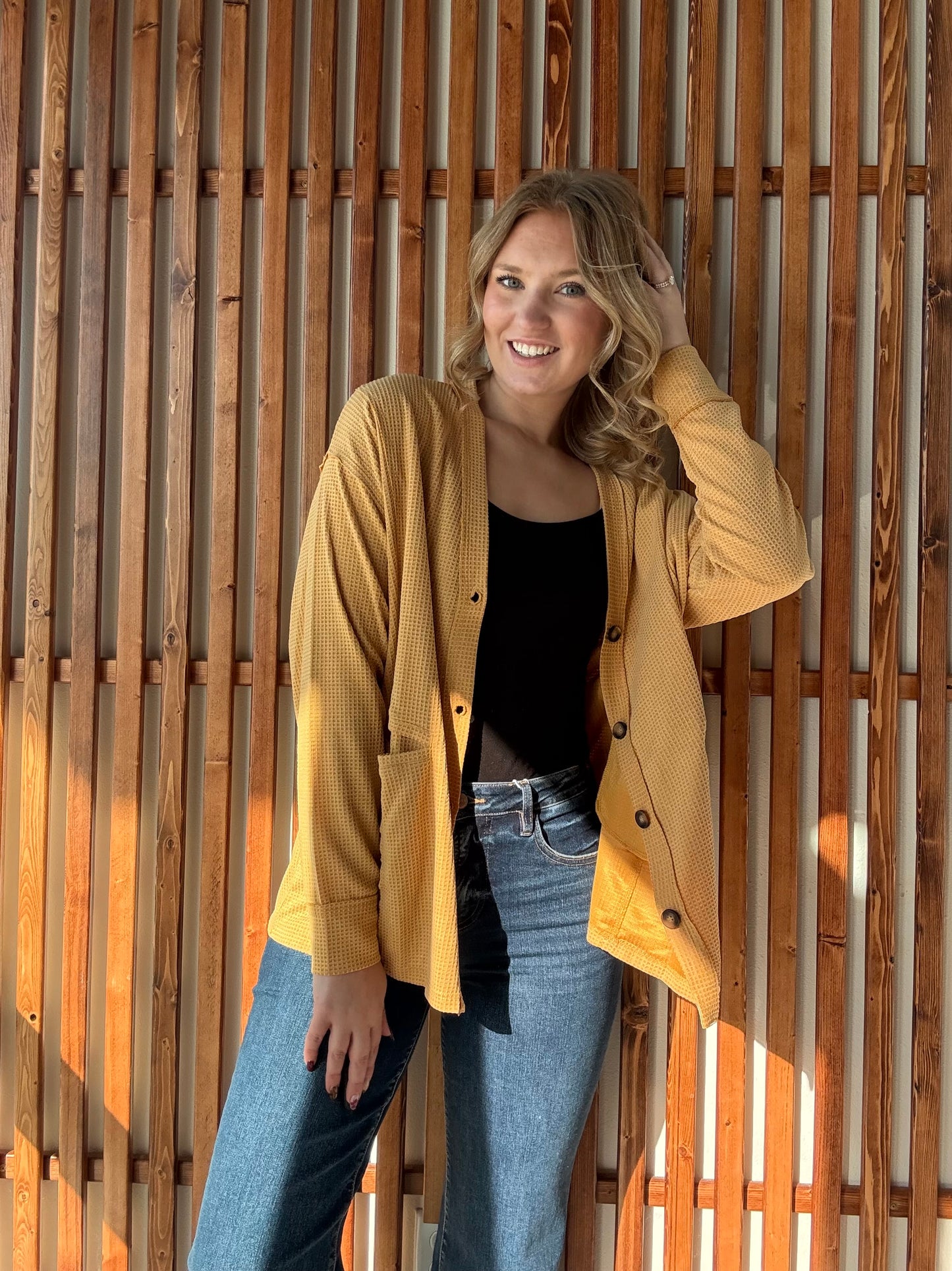 Gold Waffle Knit Button-Down Cardi