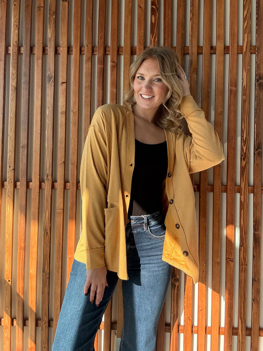 Gold Waffle Knit Button-Down Cardi