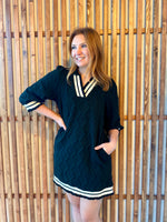 Black Textured 3/4 Sleeve Collared Dress