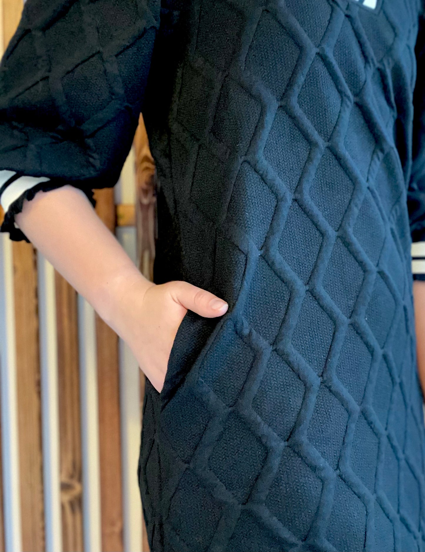 Black Textured 3/4 Sleeve Collared Dress