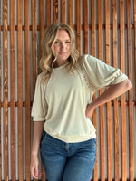 Cream Lace Trim Puff Half Sleeve Top