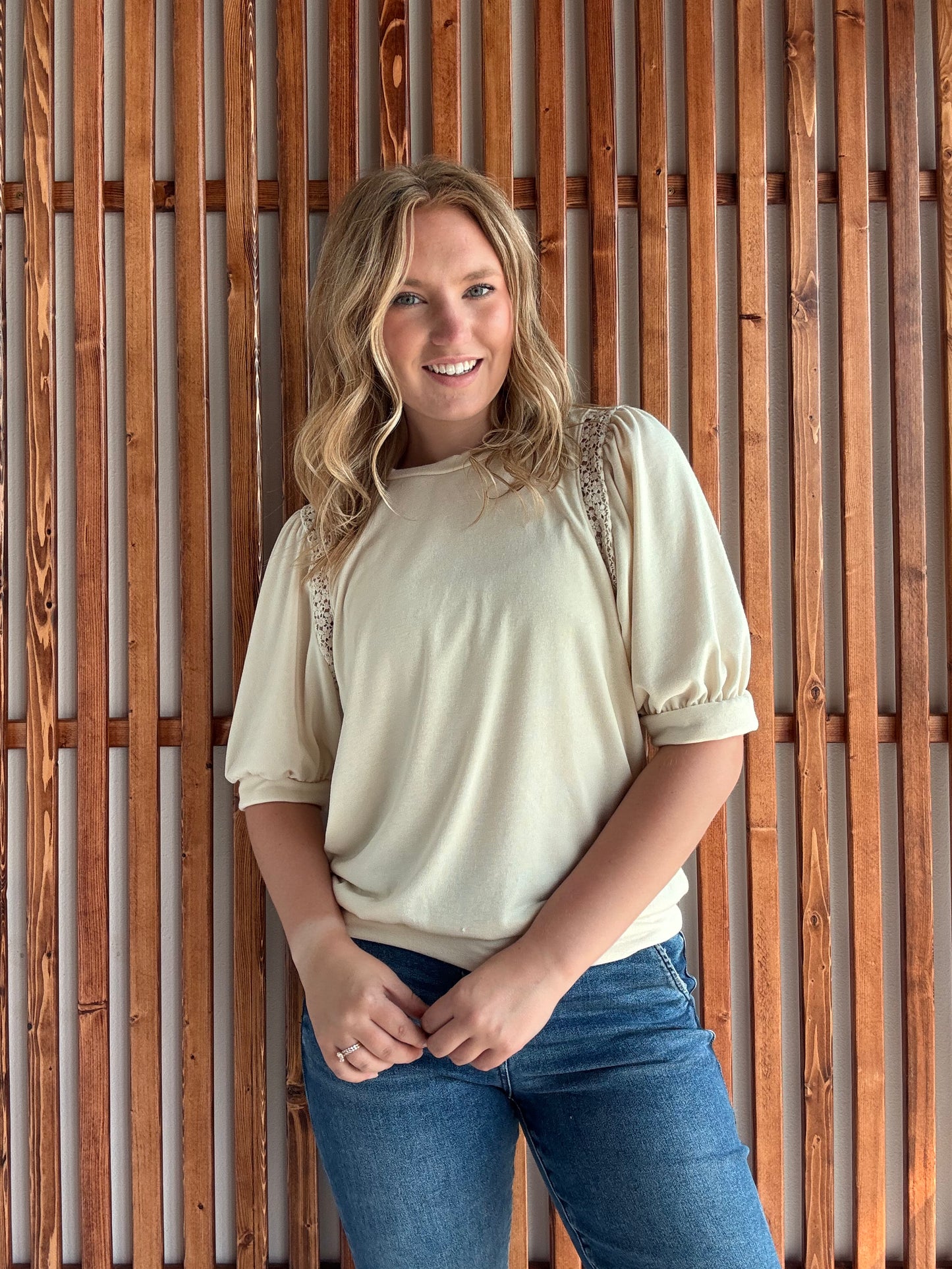 Cream Lace Trim Puff Half Sleeve Top