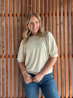 Cream Lace Trim Puff Half Sleeve Top