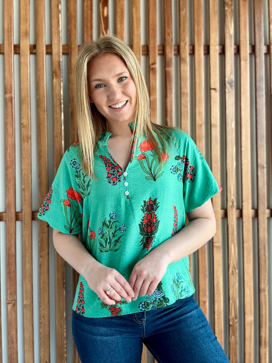 Green Floral Print Button V-Neck Blouse