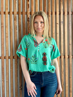 Green Floral Print Button V-Neck Blouse