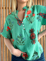 Green Floral Print Button V-Neck Blouse