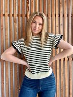 Lace Trim Ruffle Short Sleeve Striped Top