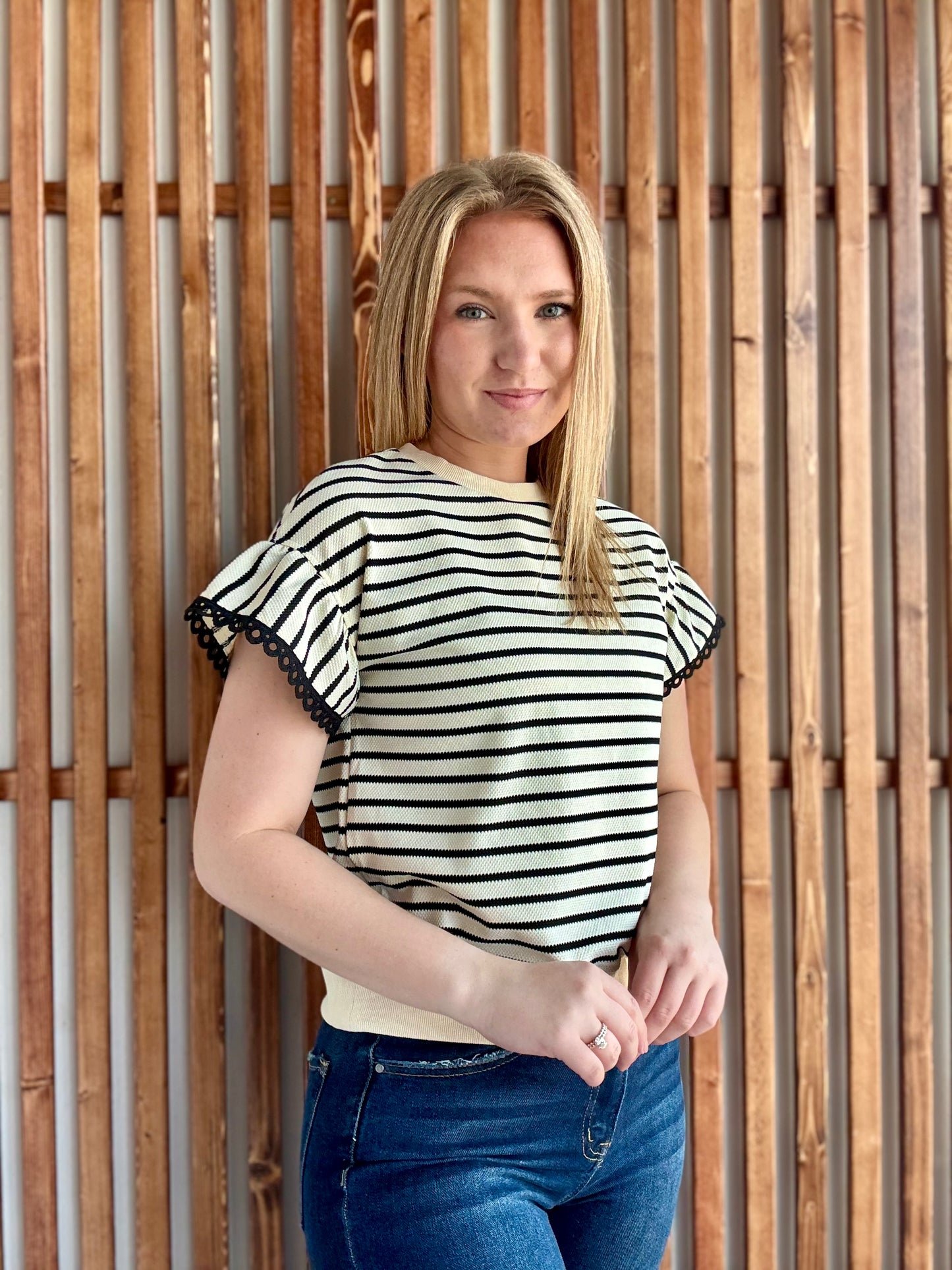 Lace Trim Ruffle Short Sleeve Striped Top