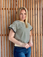 Lace Trim Ruffle Short Sleeve Striped Top