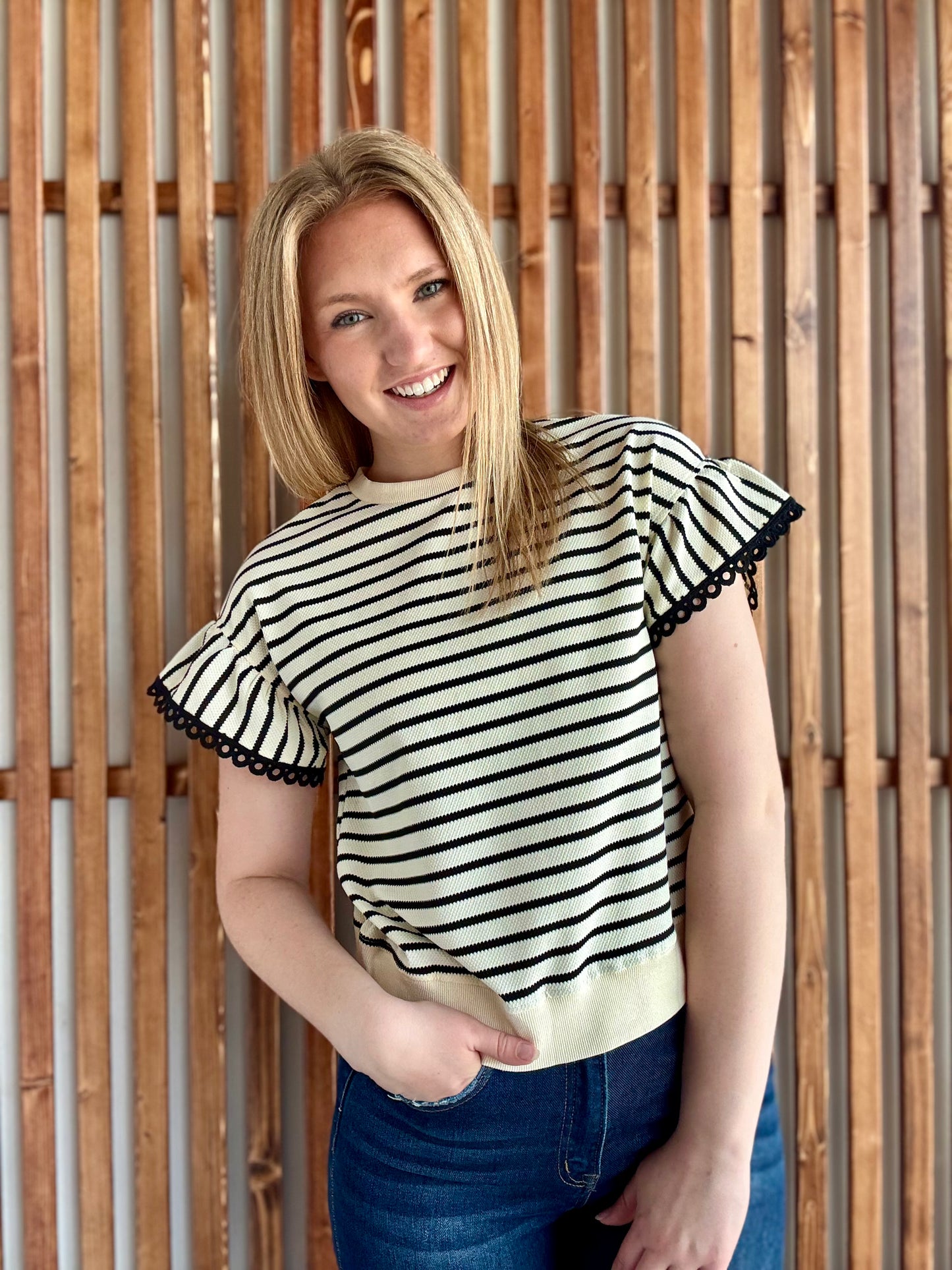 Lace Trim Ruffle Short Sleeve Striped Top