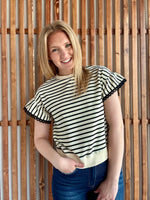 Lace Trim Ruffle Short Sleeve Striped Top