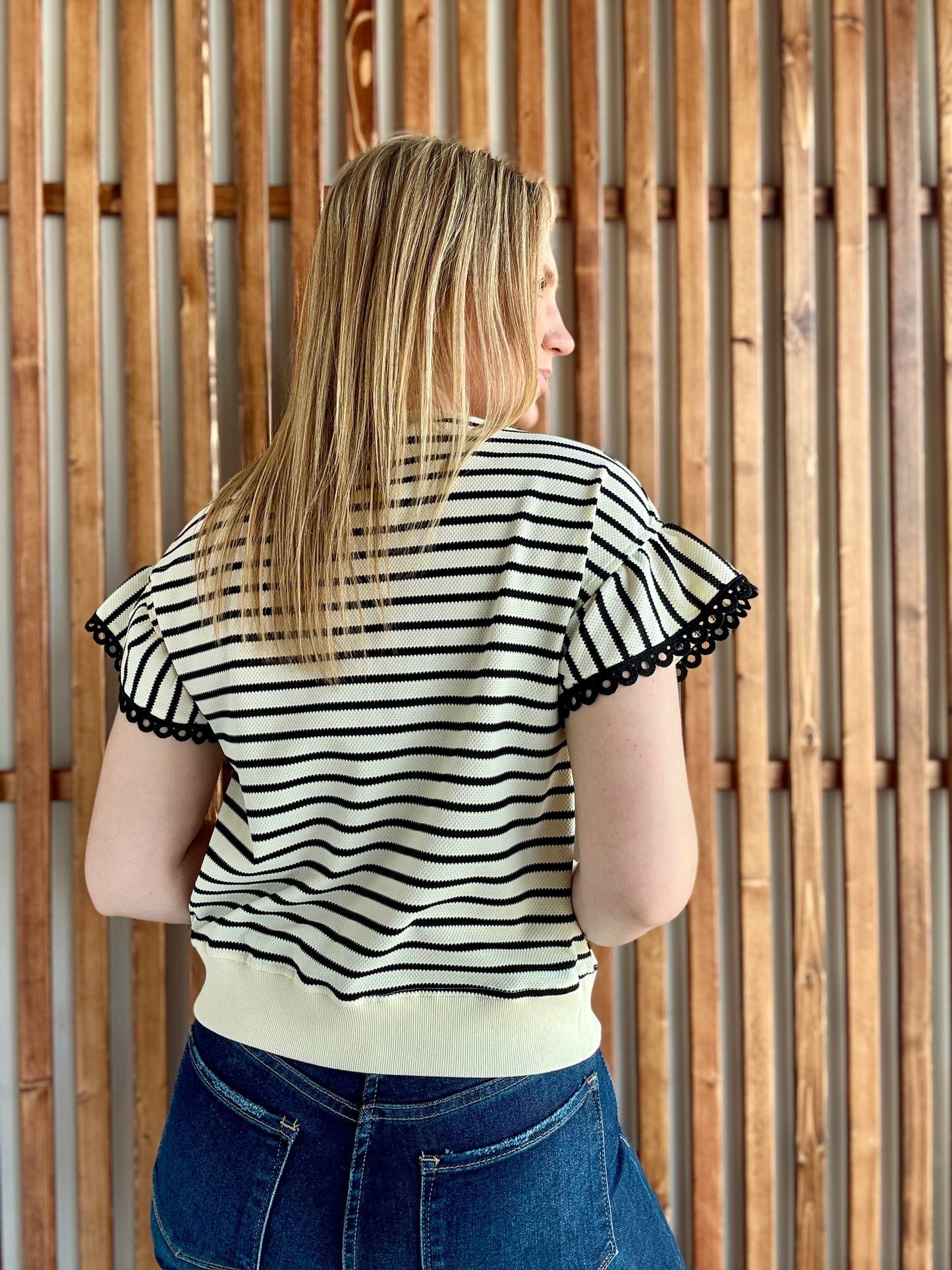 Lace Trim Ruffle Short Sleeve Striped Top