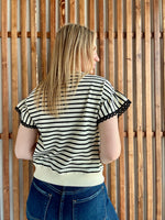 Lace Trim Ruffle Short Sleeve Striped Top