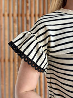 Lace Trim Ruffle Short Sleeve Striped Top