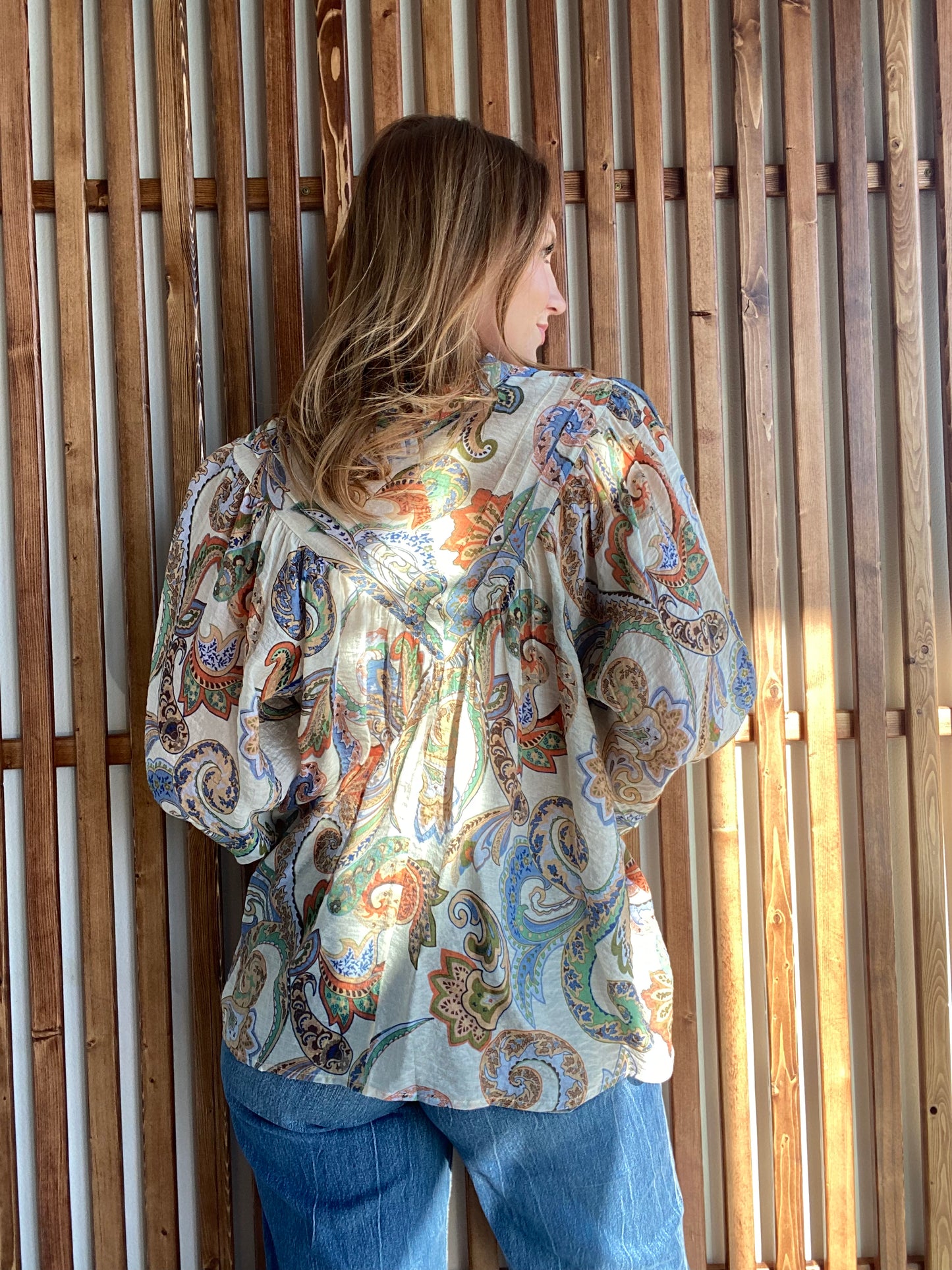 Paisley Printed Bubble Sleeve Blouse