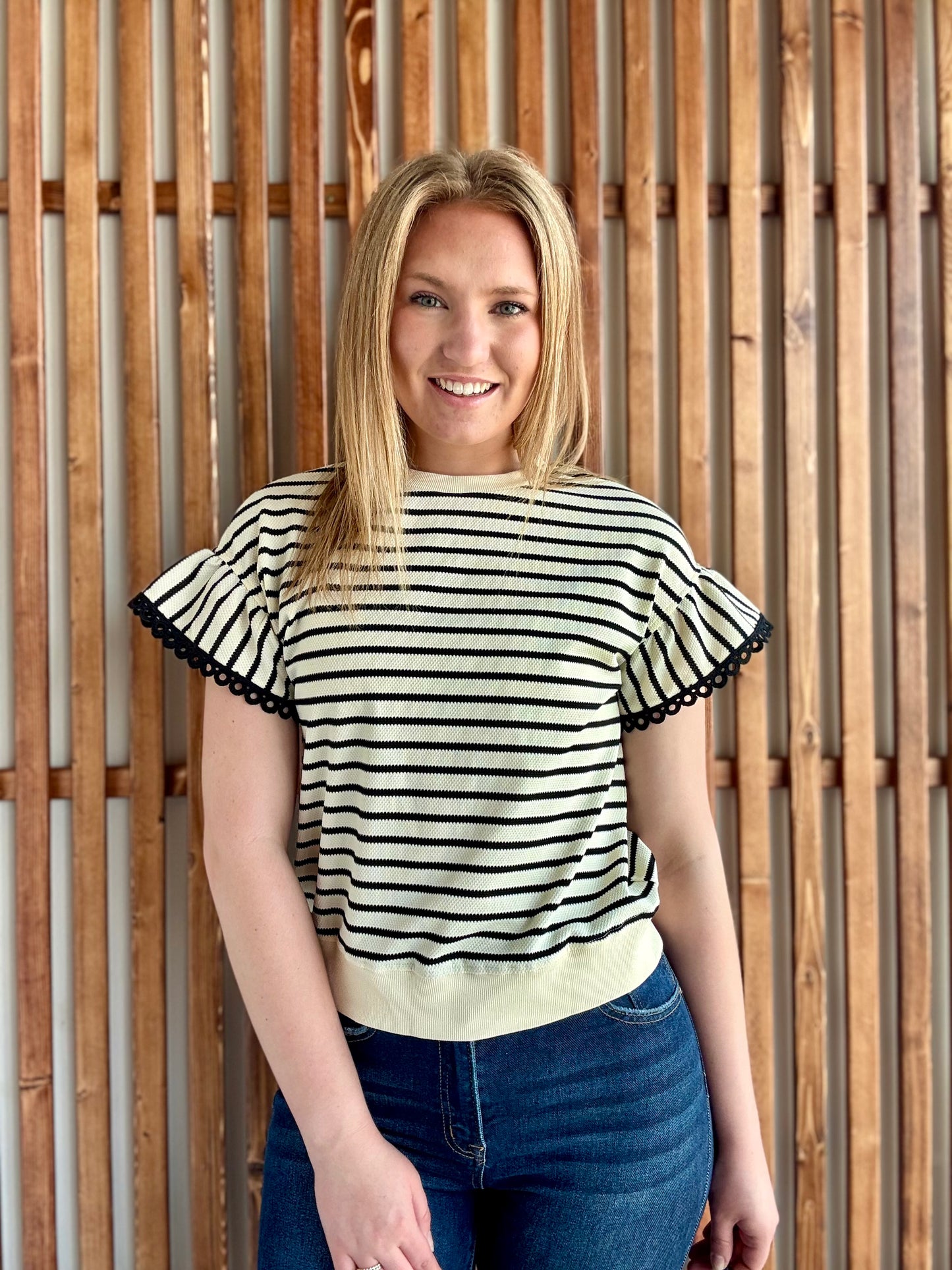 Lace Trim Ruffle Short Sleeve Striped Top