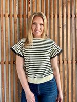 Lace Trim Ruffle Short Sleeve Striped Top