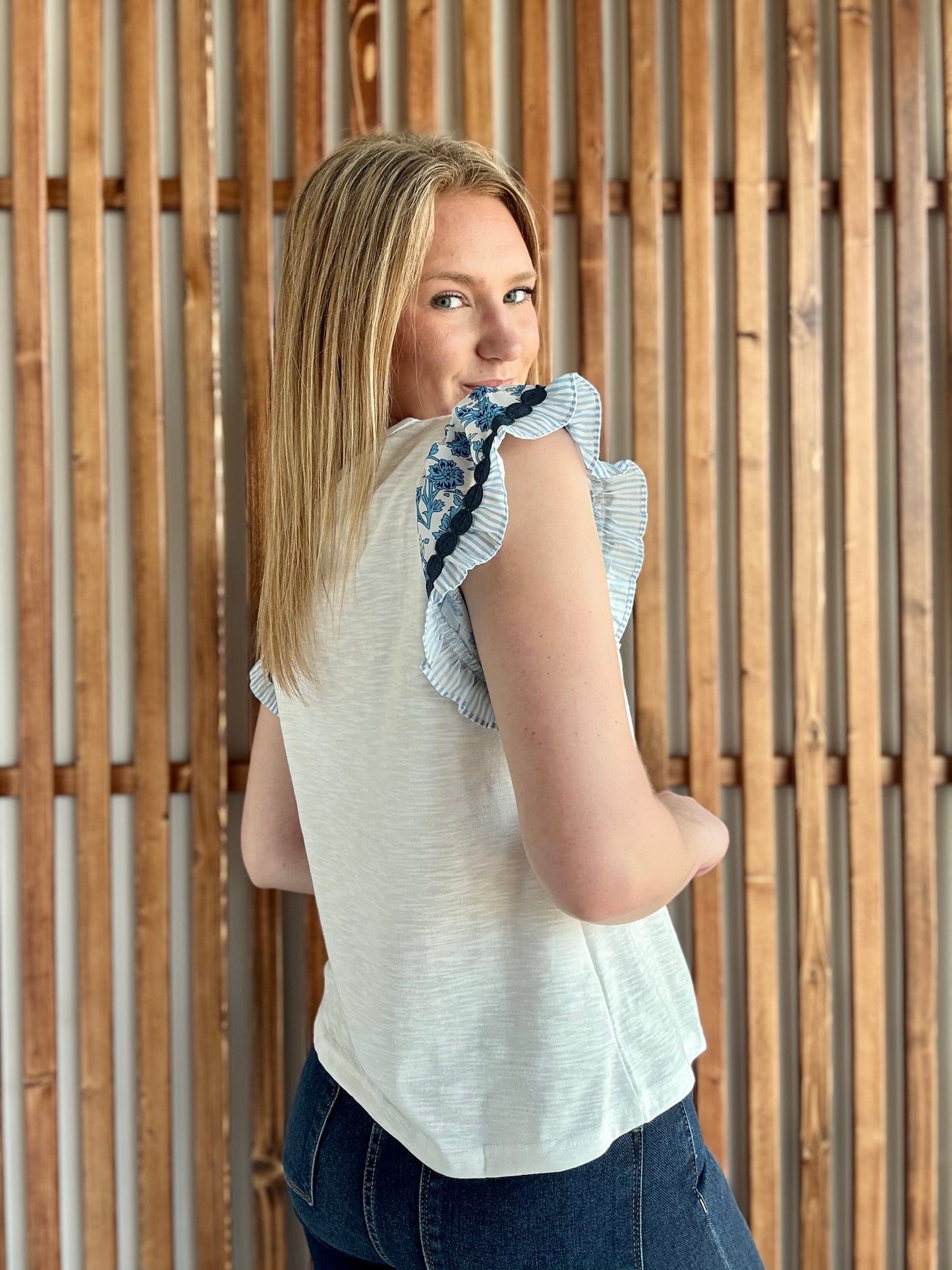 Flirty Flutter Sleeve Contrast Blouse
