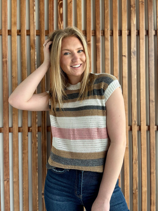 Stripe Color Block Short Sleeve Sweater