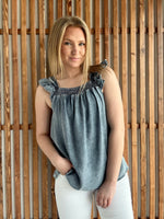 Ruffled Square Neck Denim Tank