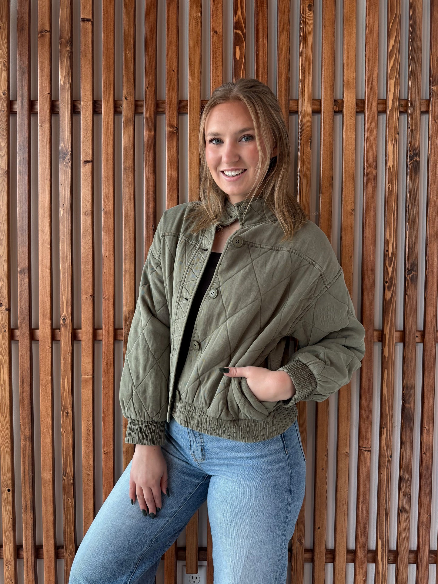 Washed Quilted Button Down Jacket - Olive