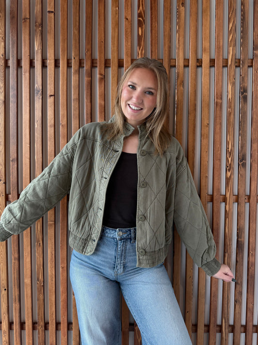Washed Quilted Button Down Jacket - Olive