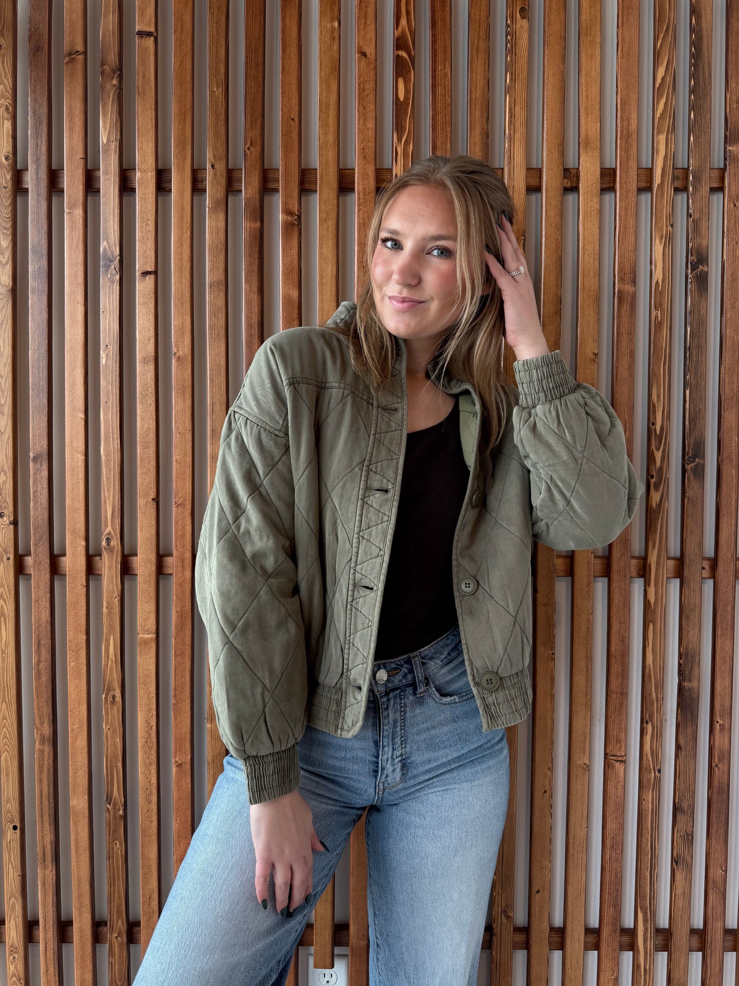 Washed Quilted Button Down Jacket - Olive