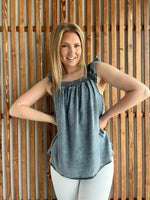 Ruffled Square Neck Denim Tank