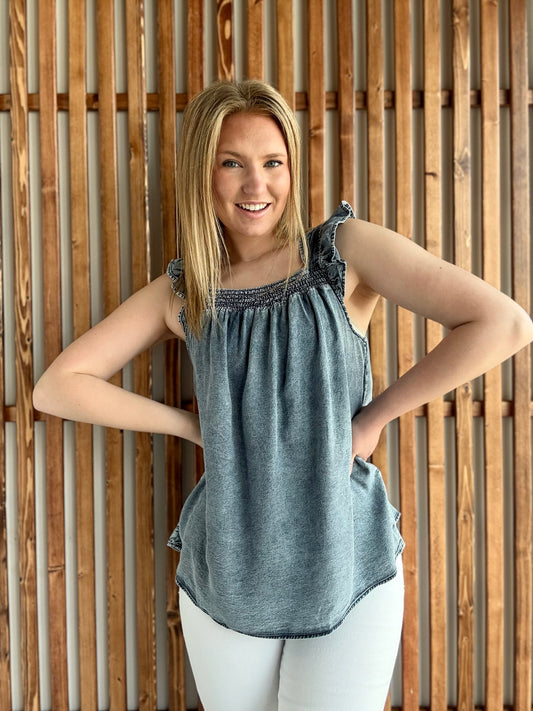 Ruffled Square Neck Denim Tank