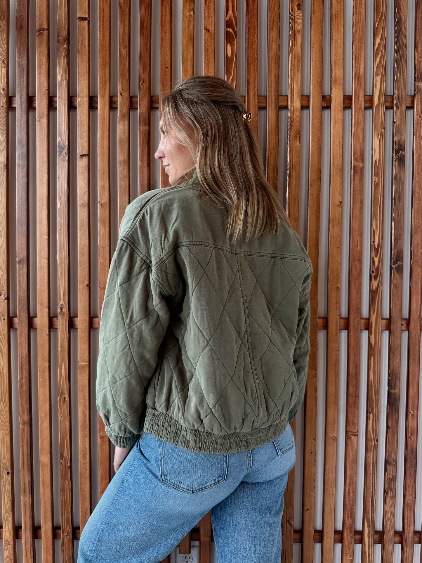 Washed Quilted Button Down Jacket - Olive