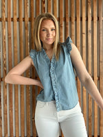 Frilly Ruffle Trim Chambray Tank Top
