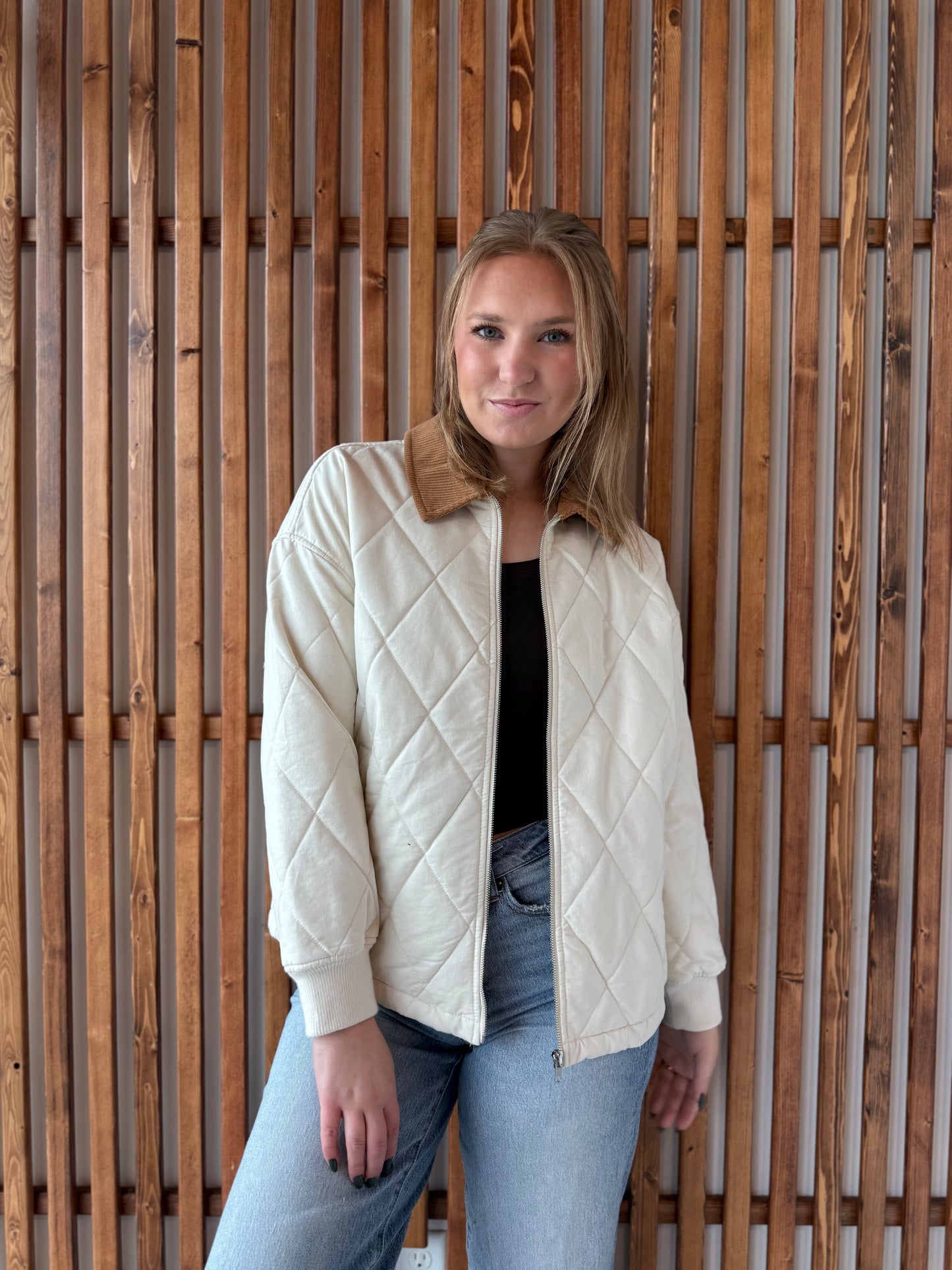 Corduroy Collar Quilted Zip-Up Jacket - Ivory