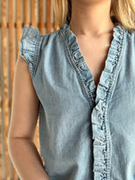 Frilly Ruffle Trim Chambray Tank Top