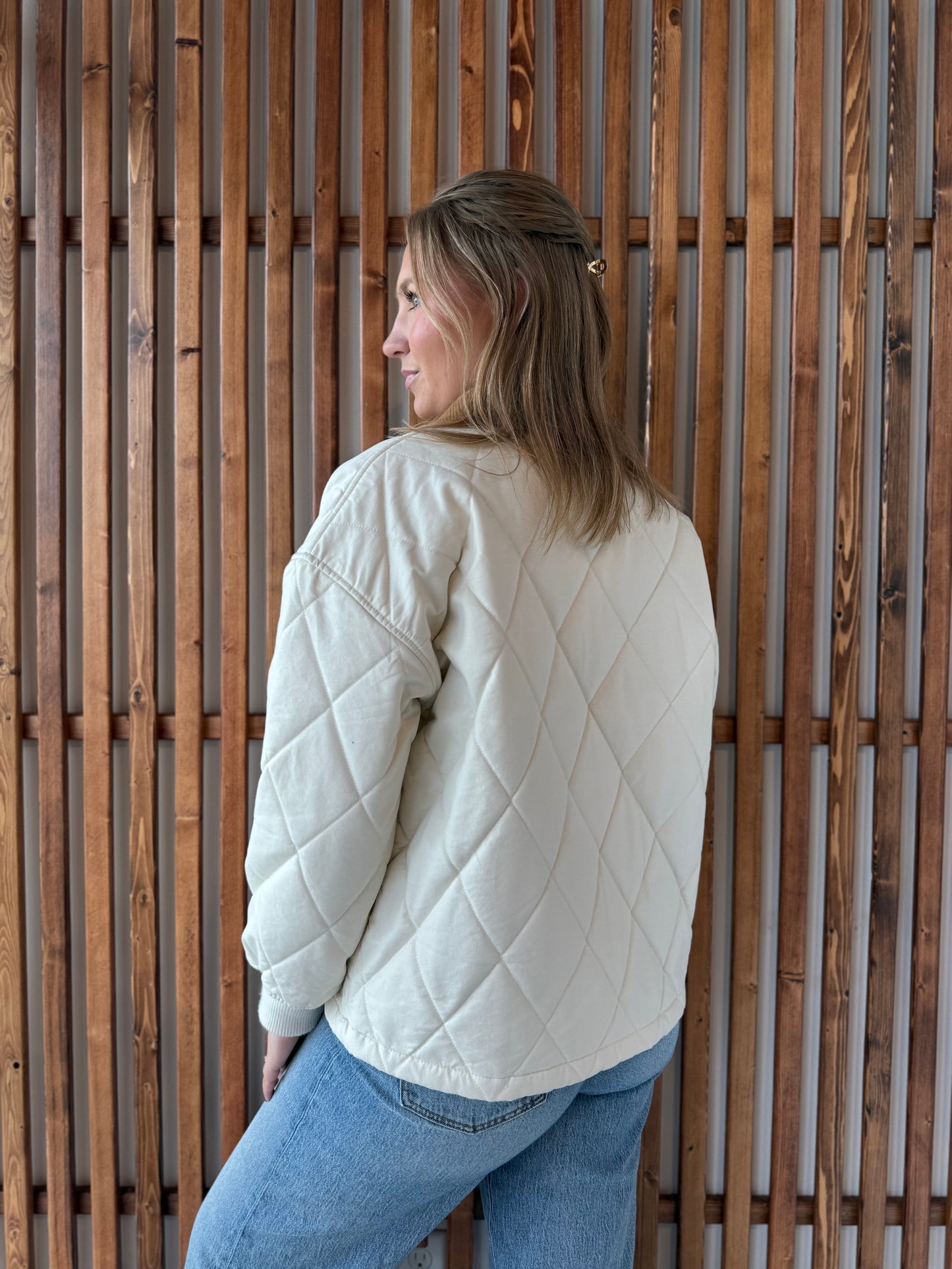 Corduroy Collar Quilted Zip-Up Jacket - Ivory
