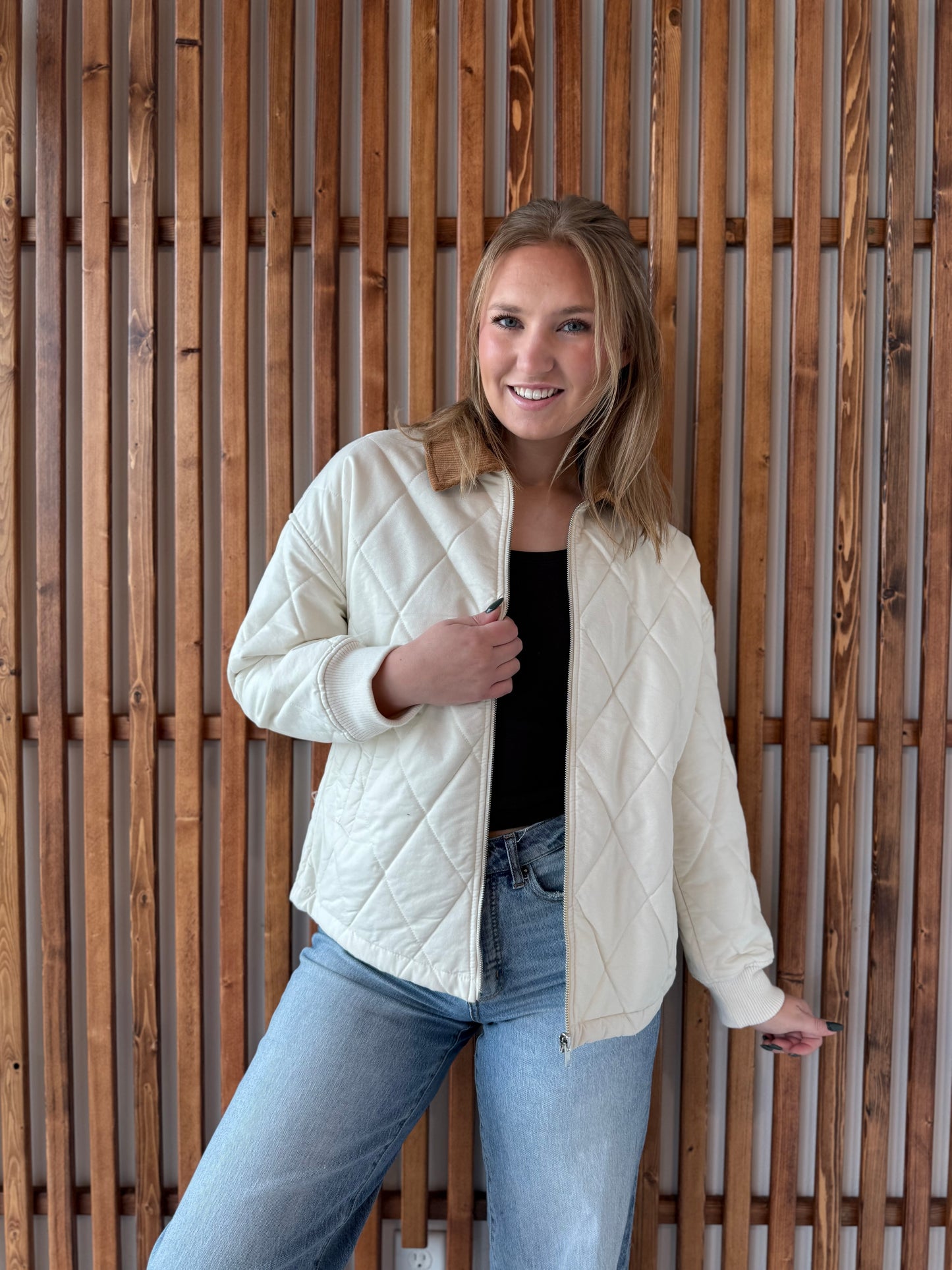 Corduroy Collar Quilted Zip-Up Jacket - Ivory