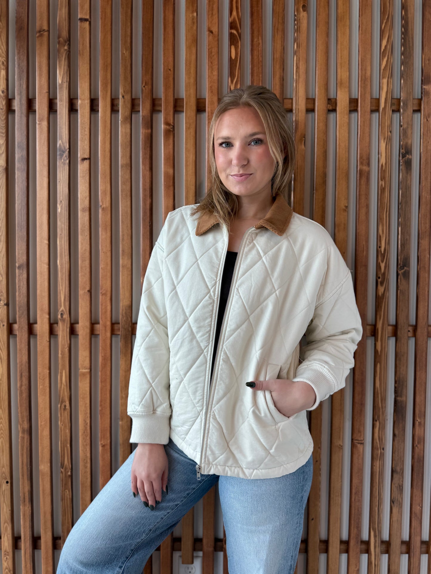 Corduroy Collar Quilted Zip-Up Jacket - Ivory
