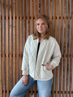 Corduroy Collar Quilted Zip-Up Jacket - Ivory