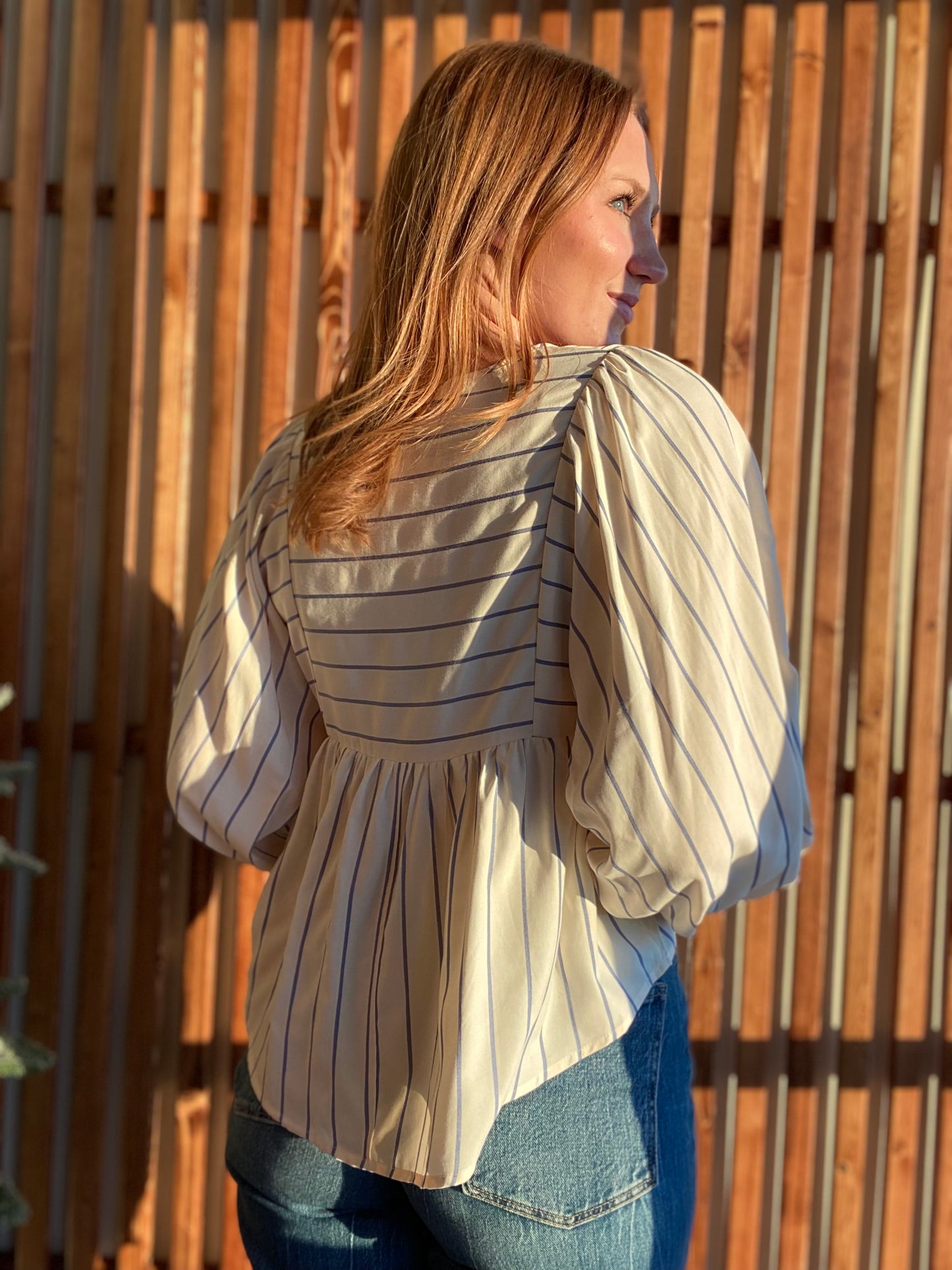 Blue Stripe Tie Front Long Sleeve Blouse