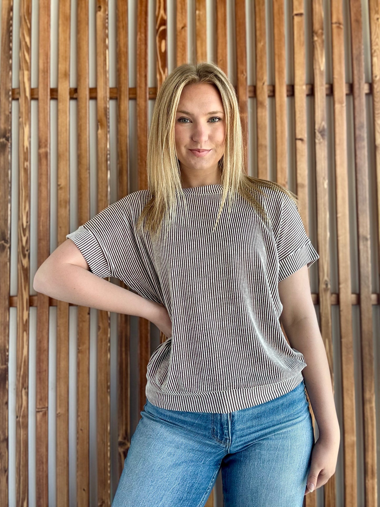 Corded Rib Short Sleeve Top - Brown