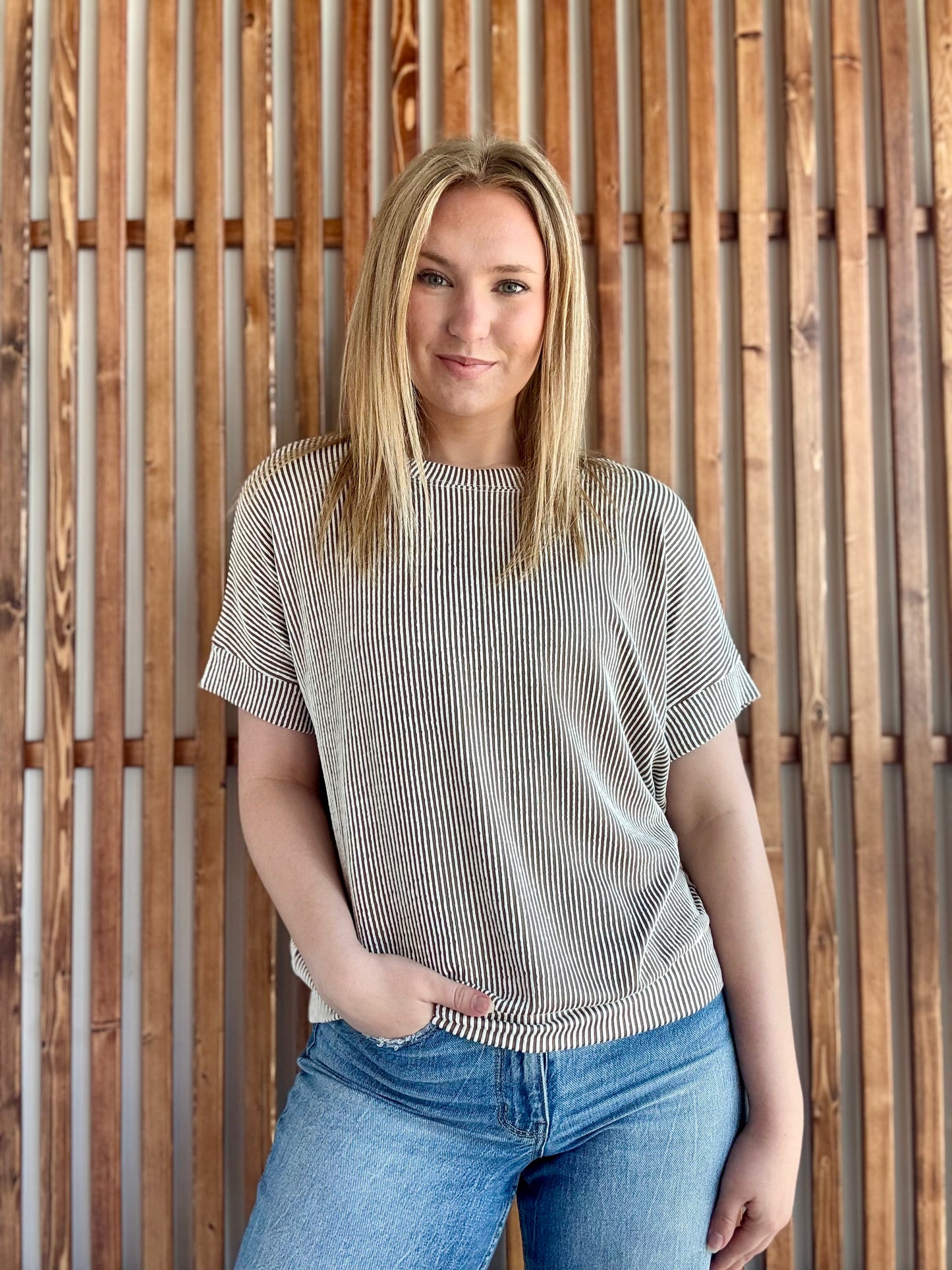 Corded Rib Short Sleeve Top - Mocha